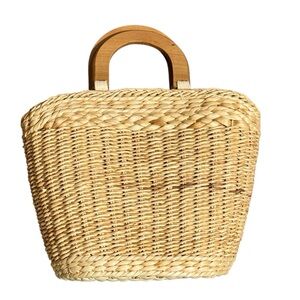 Etienne Aigner Tan Woven Handbag with Double Wooden Handles and Zippered Opening